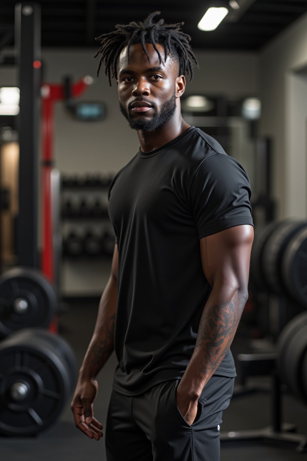 masculine  man in the gym wearing t-shirt and gym shorts