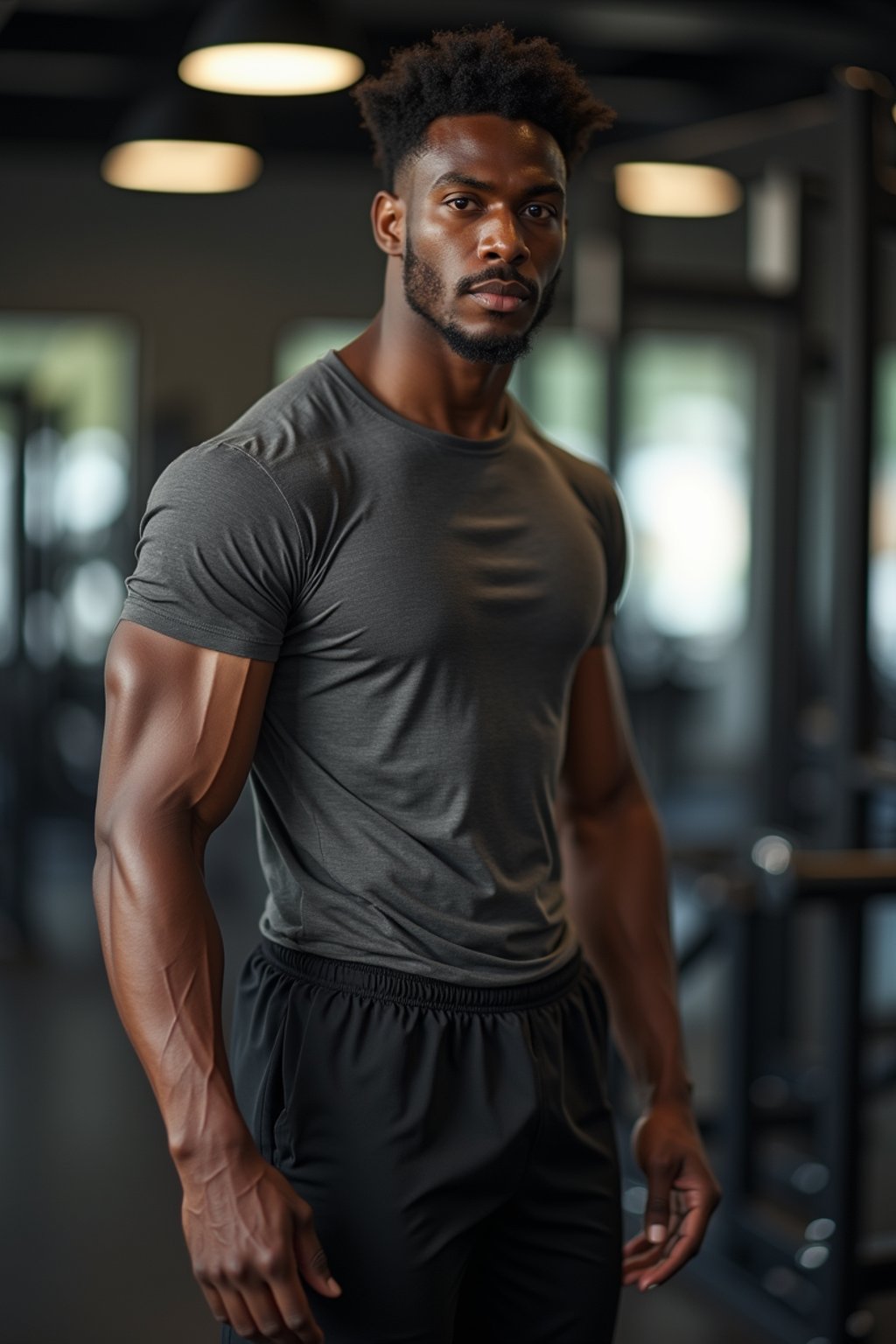 masculine  man in the gym wearing t-shirt and gym shorts