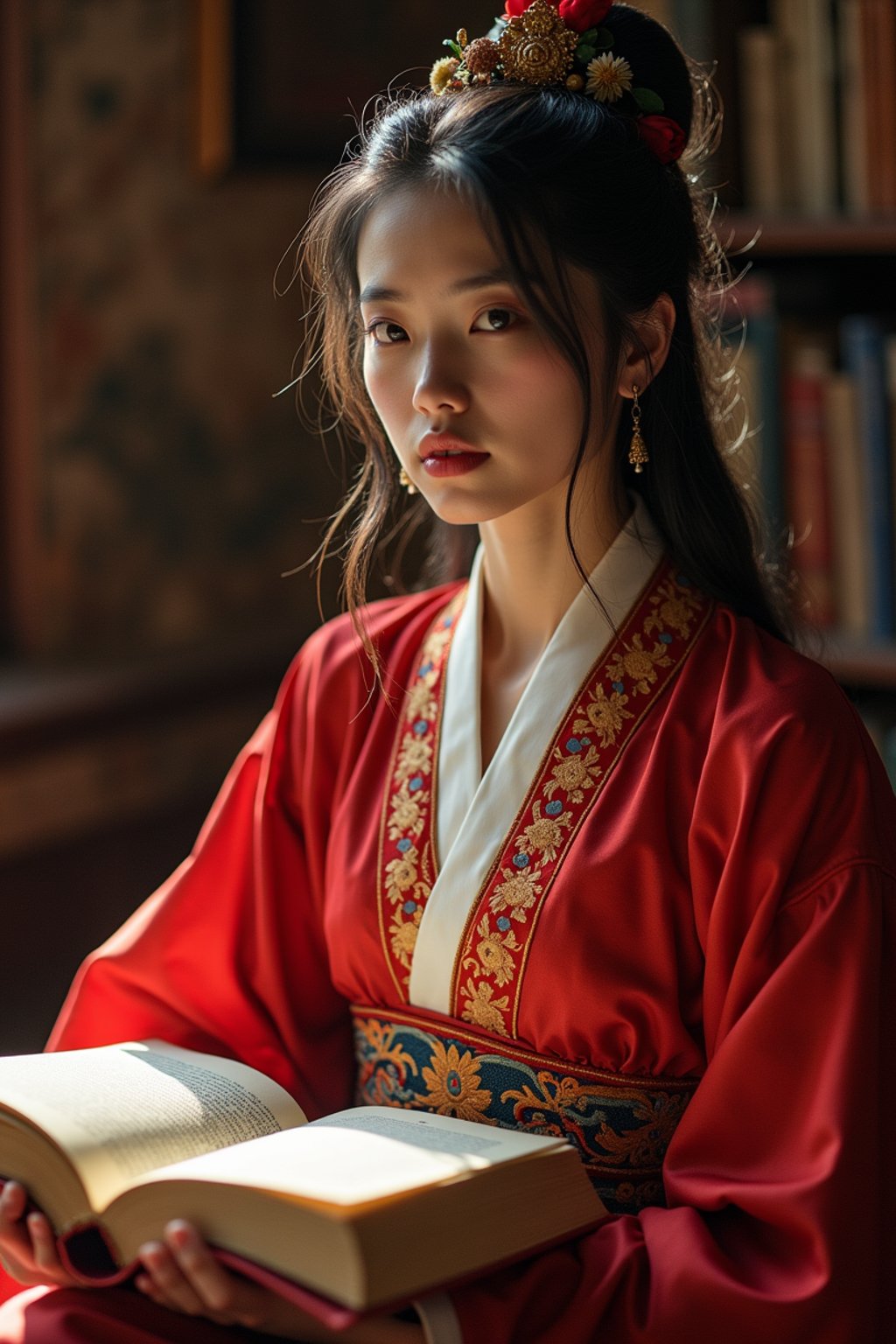 woman surrounded by books or sacred texts