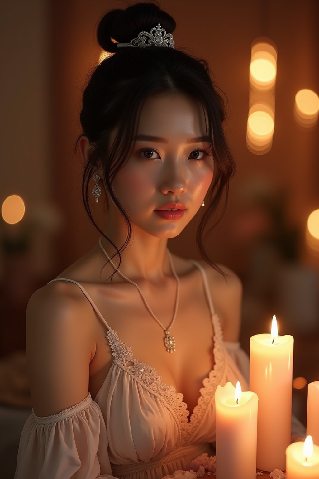 woman in a serene indoor space, surrounded by candles, crystals, and sacred symbols