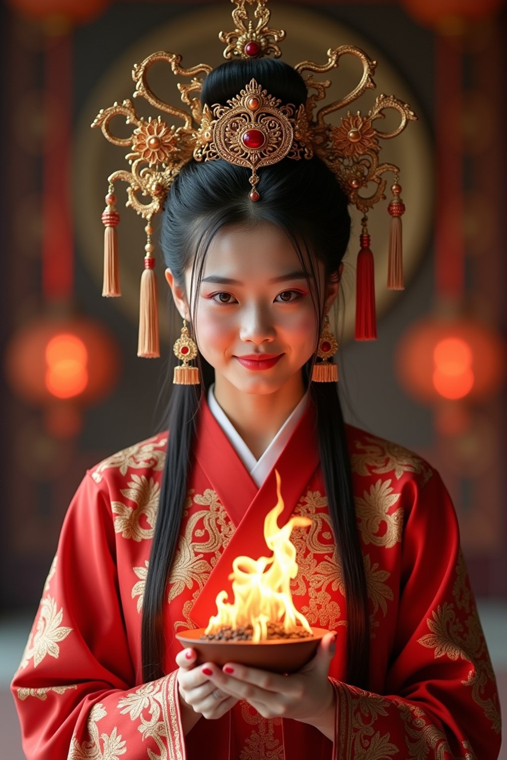 woman engaged in a sacred ritual or ceremony, adorned with symbolic attire