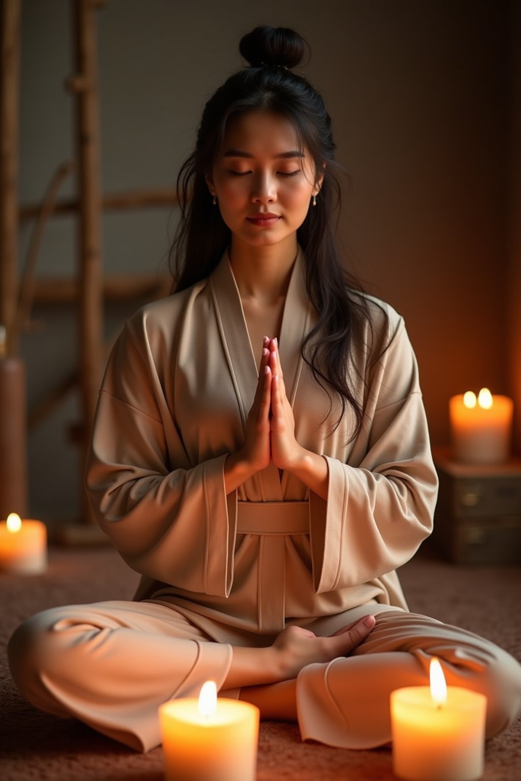 woman practicing mindfulness surrounded by candles or incense