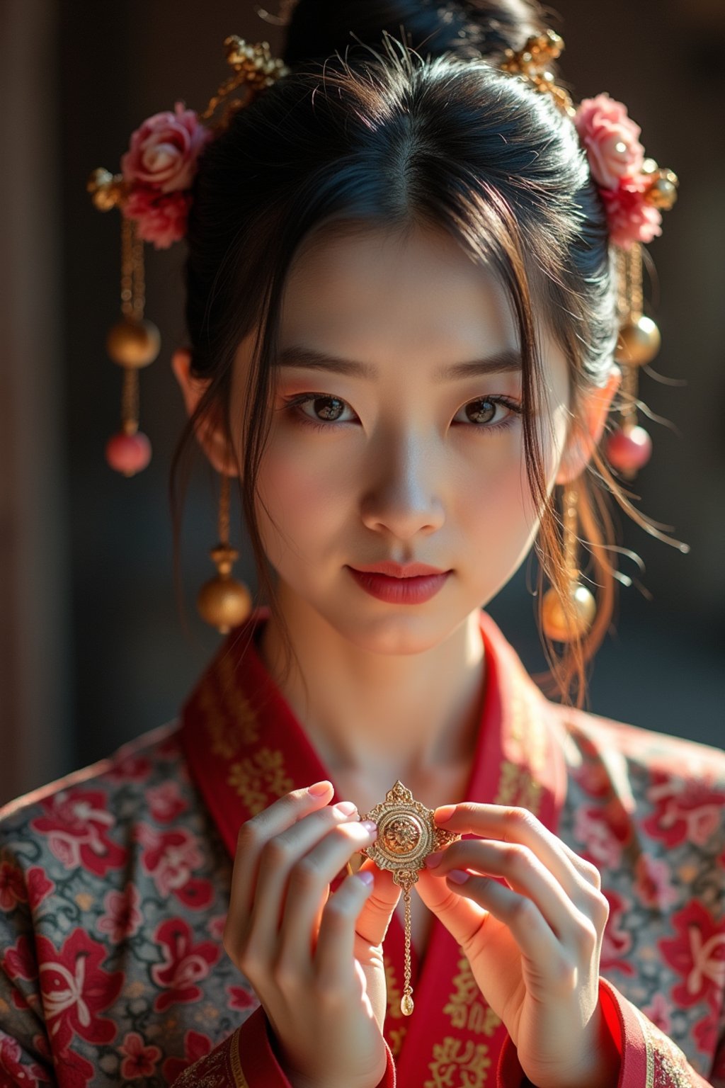 woman holding prayer beads or a sacred object,