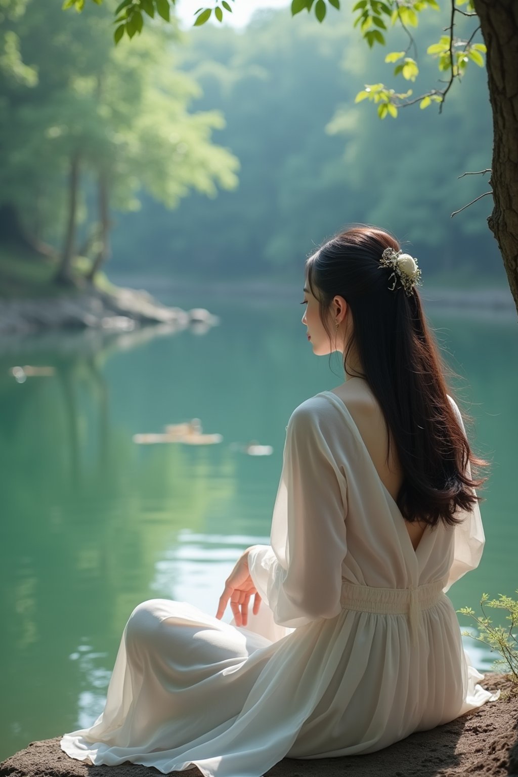 woman in deep contemplation, sitting by a tranquil lake