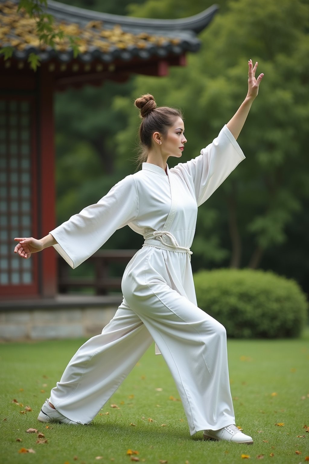 woman practicing Tai Chi in a serene garden