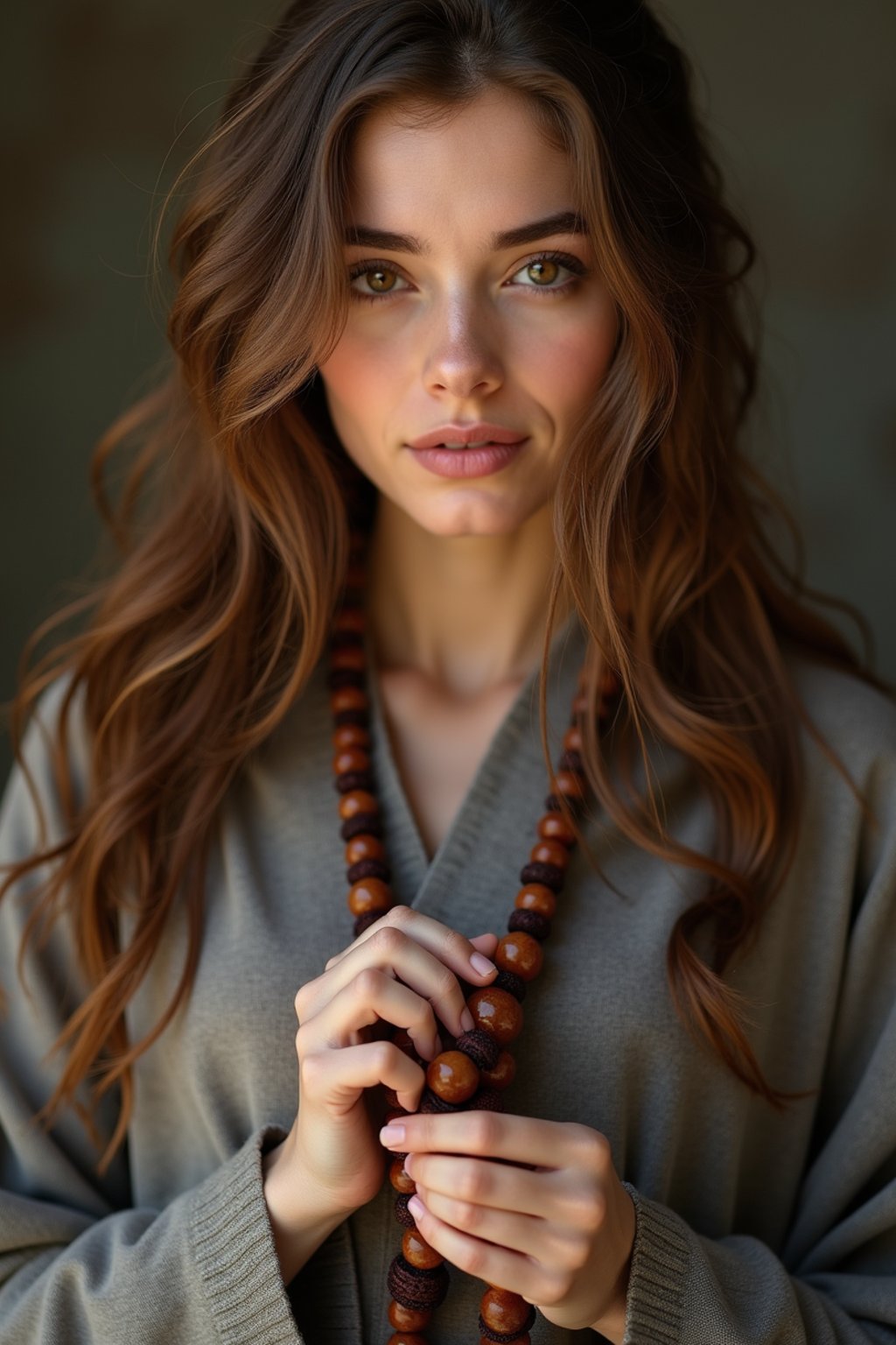 woman holding prayer beads or a sacred object,