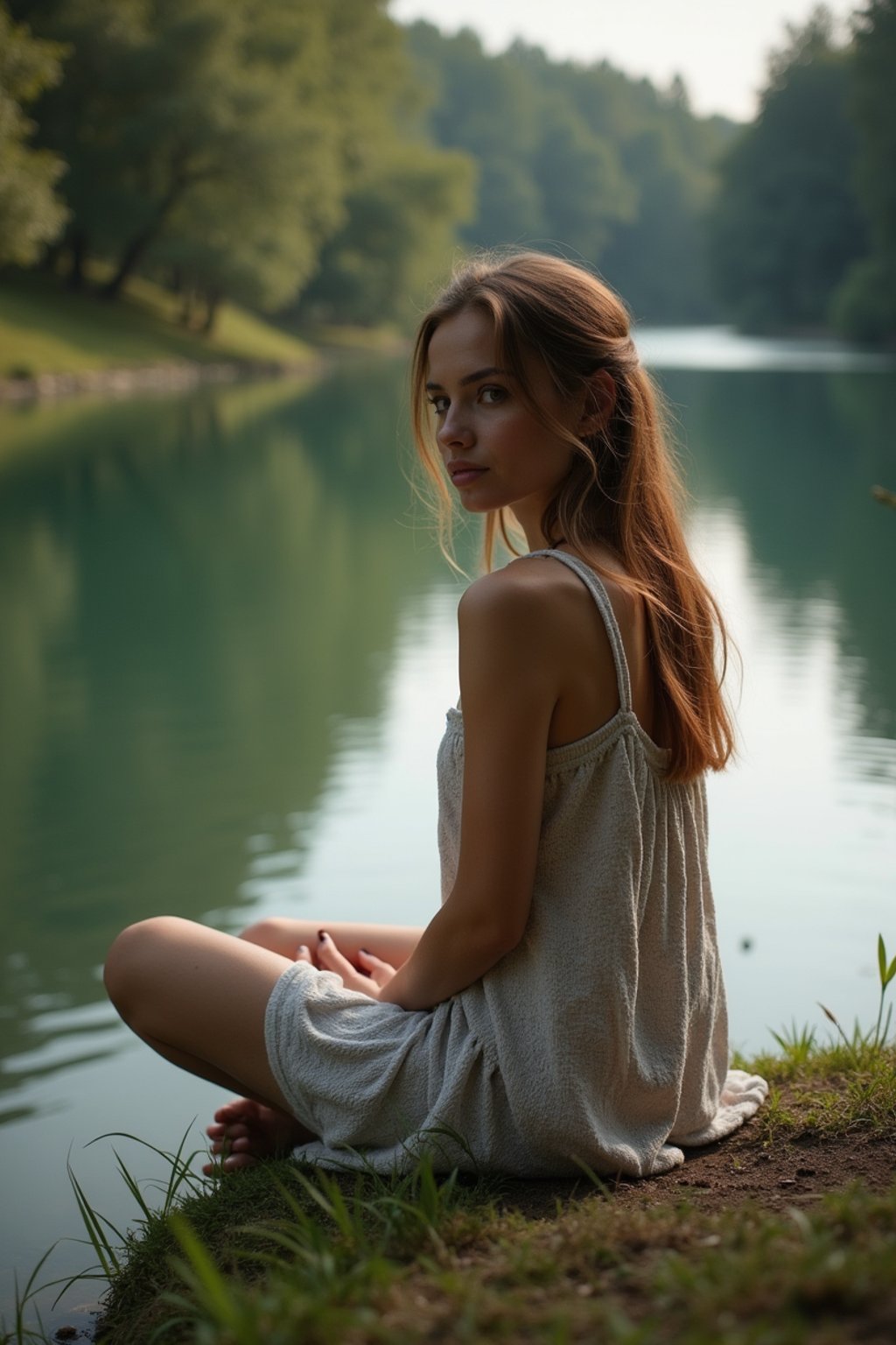 woman in deep contemplation, sitting by a tranquil lake