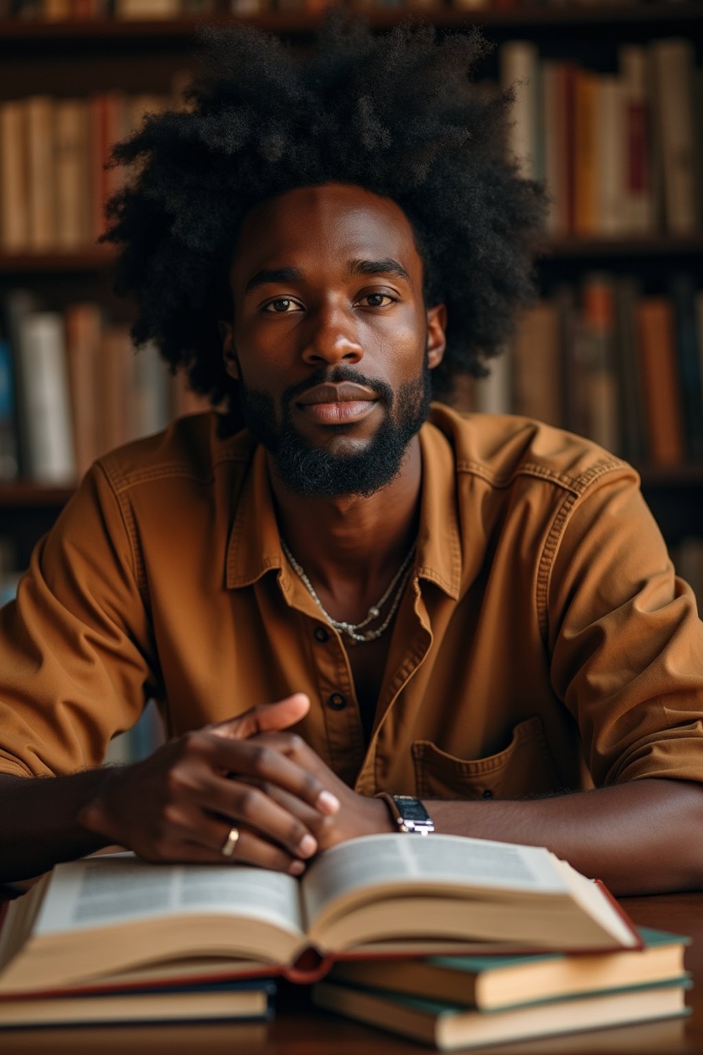 man surrounded by books or sacred texts