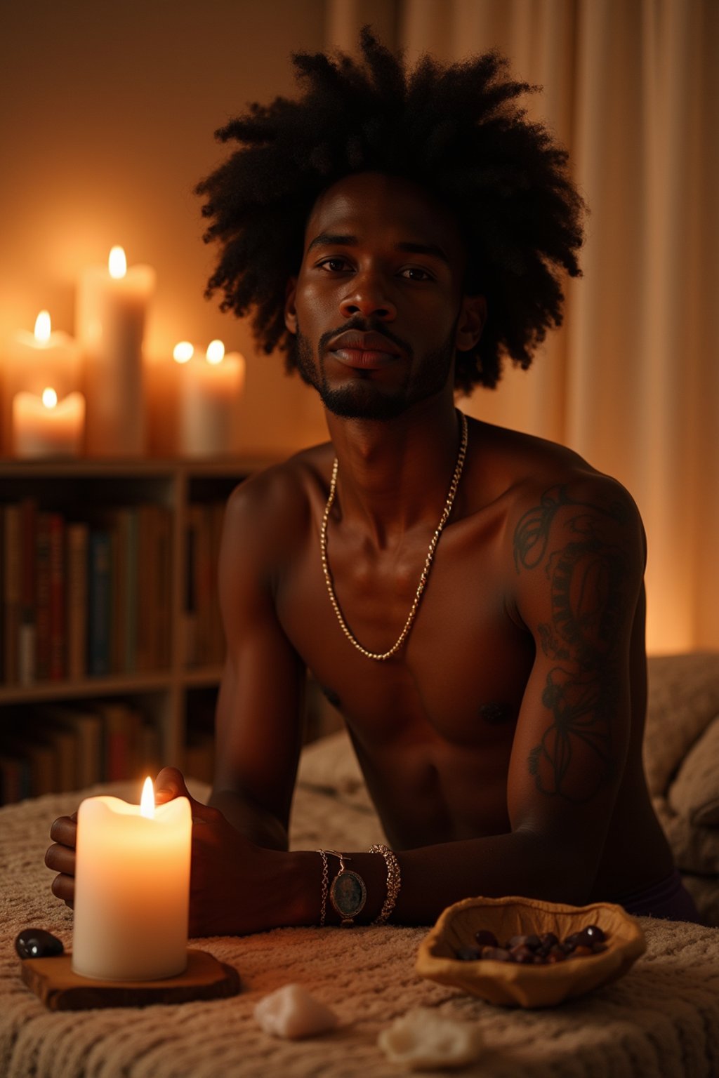 man in a serene indoor space, surrounded by candles, crystals, and sacred symbols