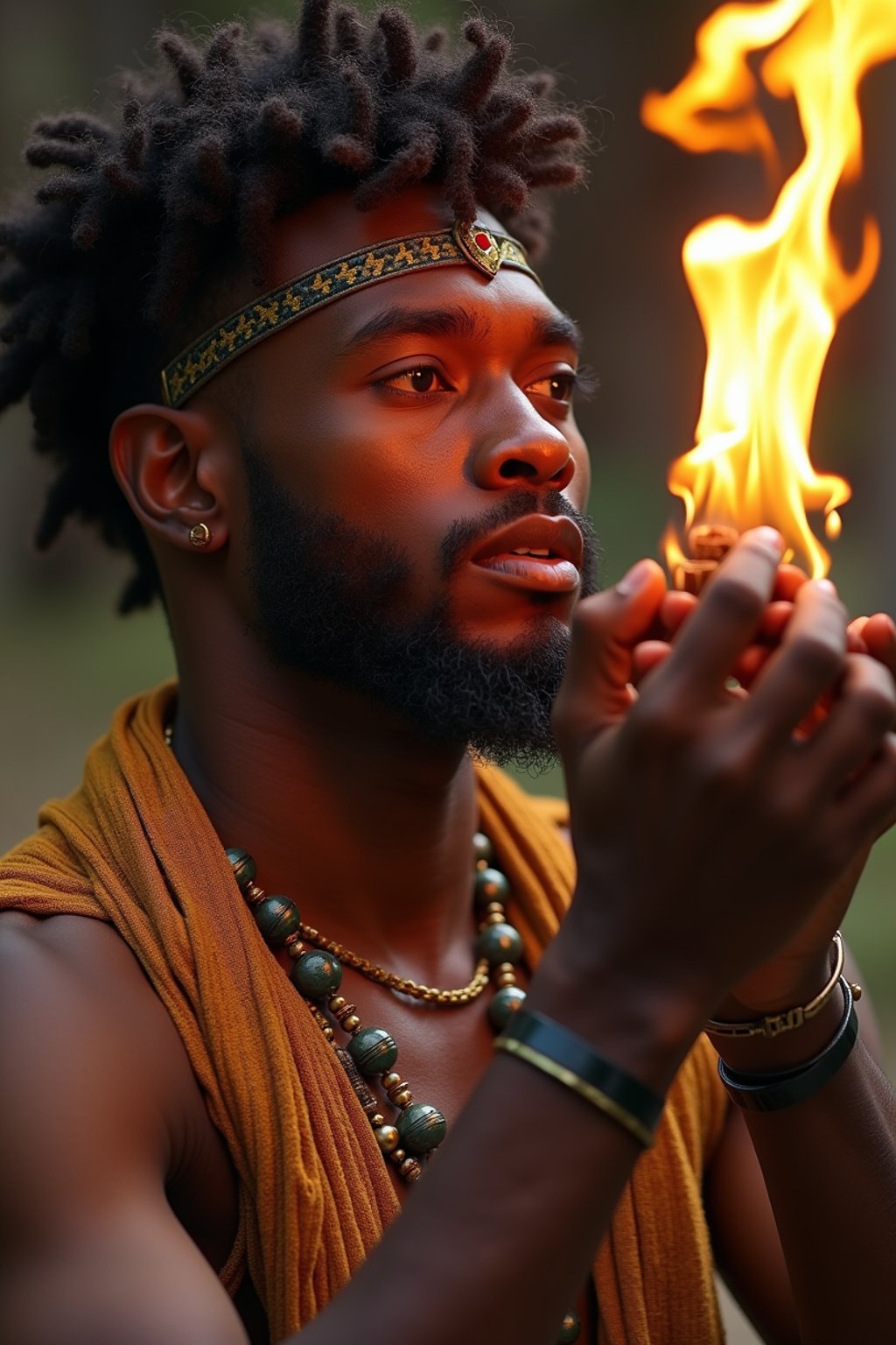 man engaged in a sacred ritual or ceremony, adorned with symbolic attire