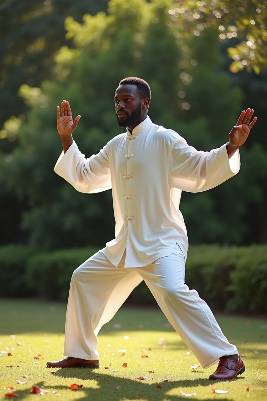 man practicing Tai Chi in a serene garden