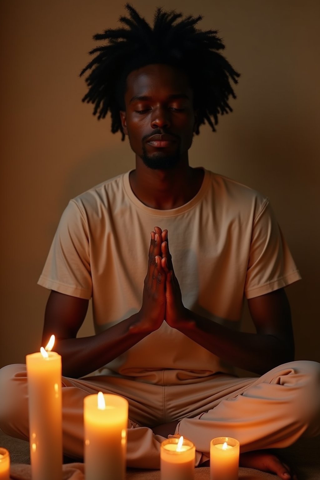 man practicing mindfulness surrounded by candles or incense