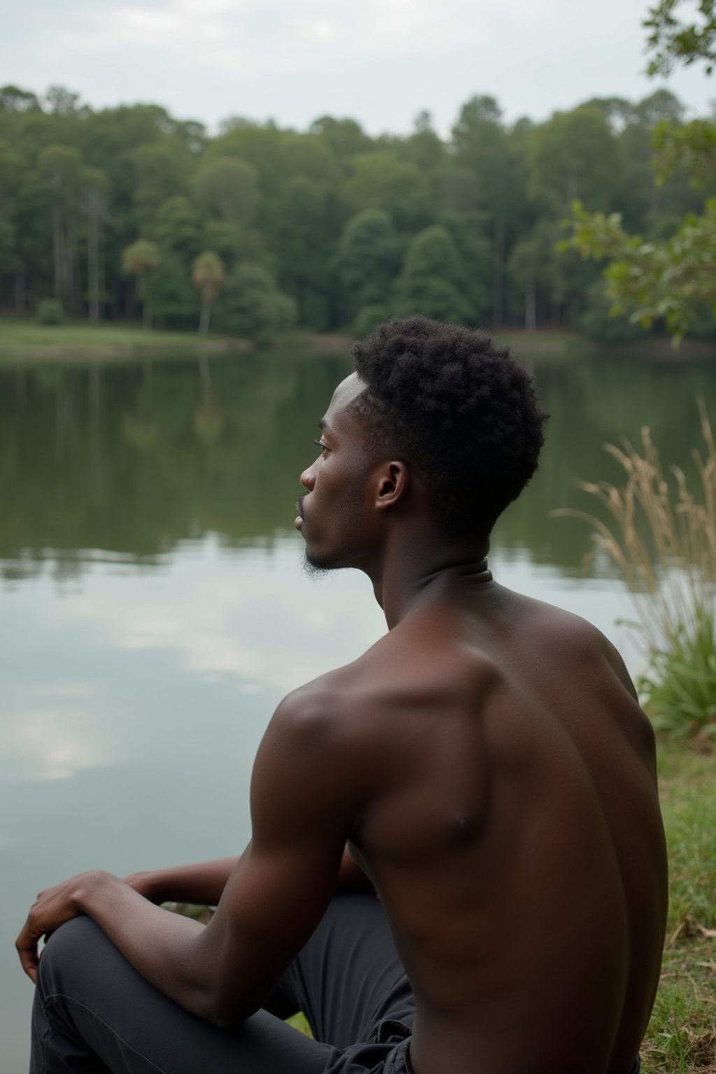 man in deep contemplation, sitting by a tranquil lake