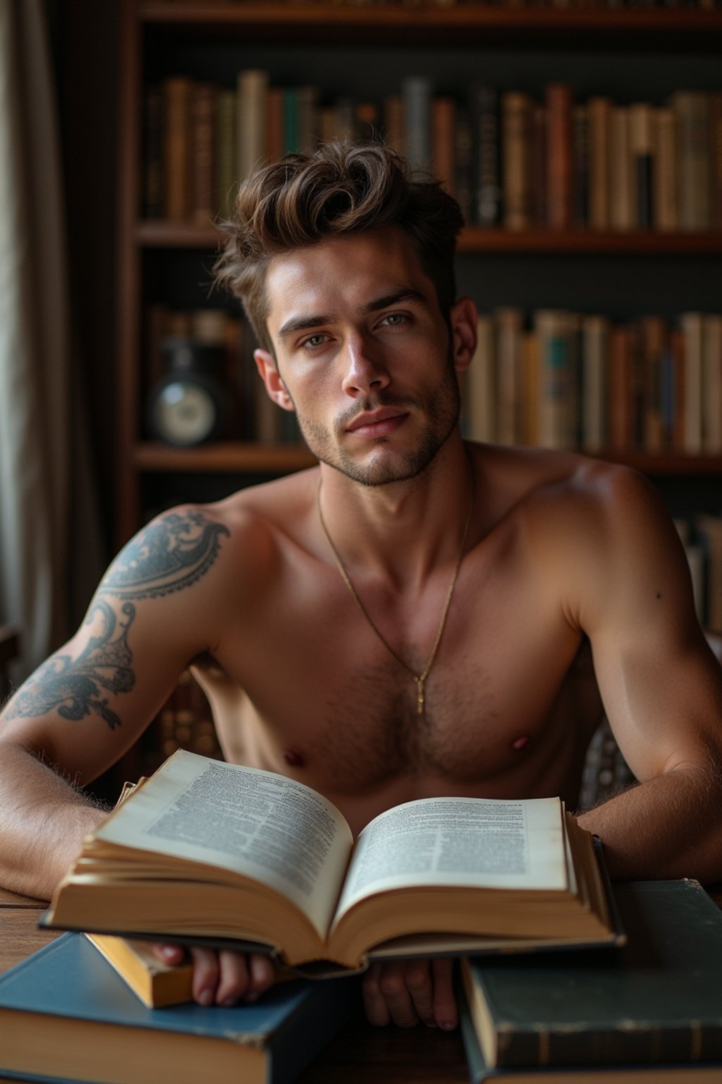 man surrounded by books or sacred texts