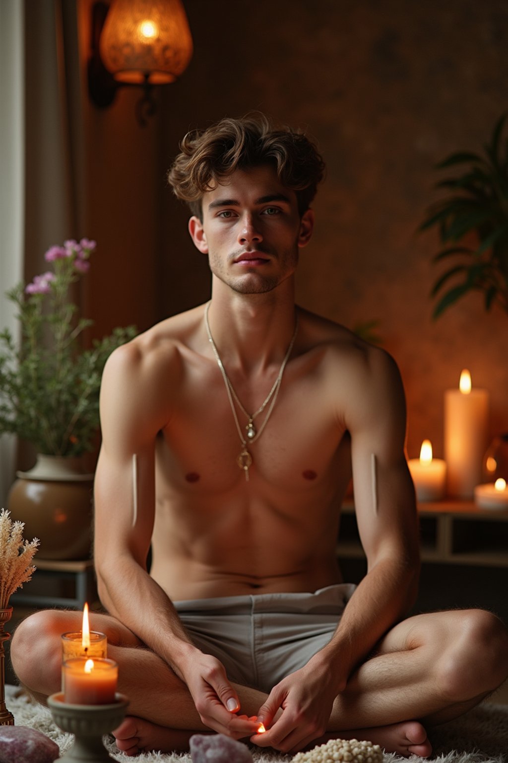 man in a serene indoor space, surrounded by candles, crystals, and sacred symbols