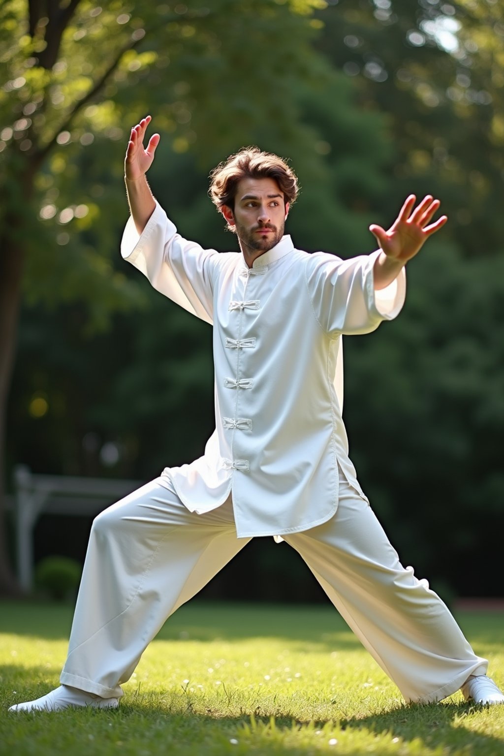 man practicing Tai Chi in a serene garden