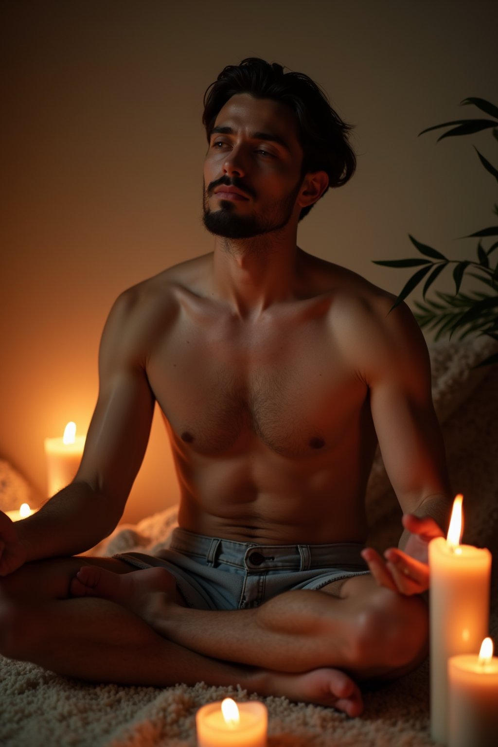 man practicing mindfulness surrounded by candles or incense