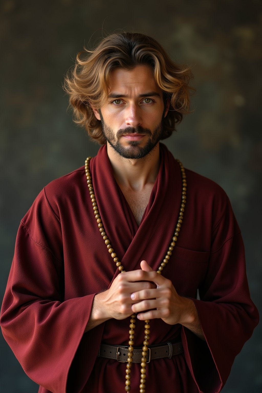 man holding prayer beads or a sacred object,