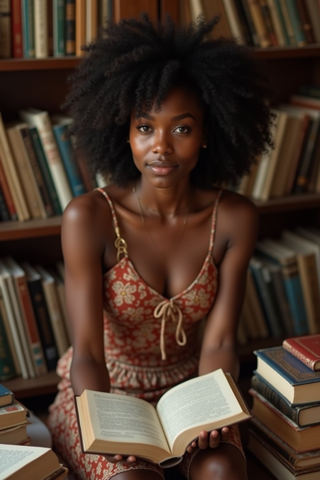 woman surrounded by books or sacred texts