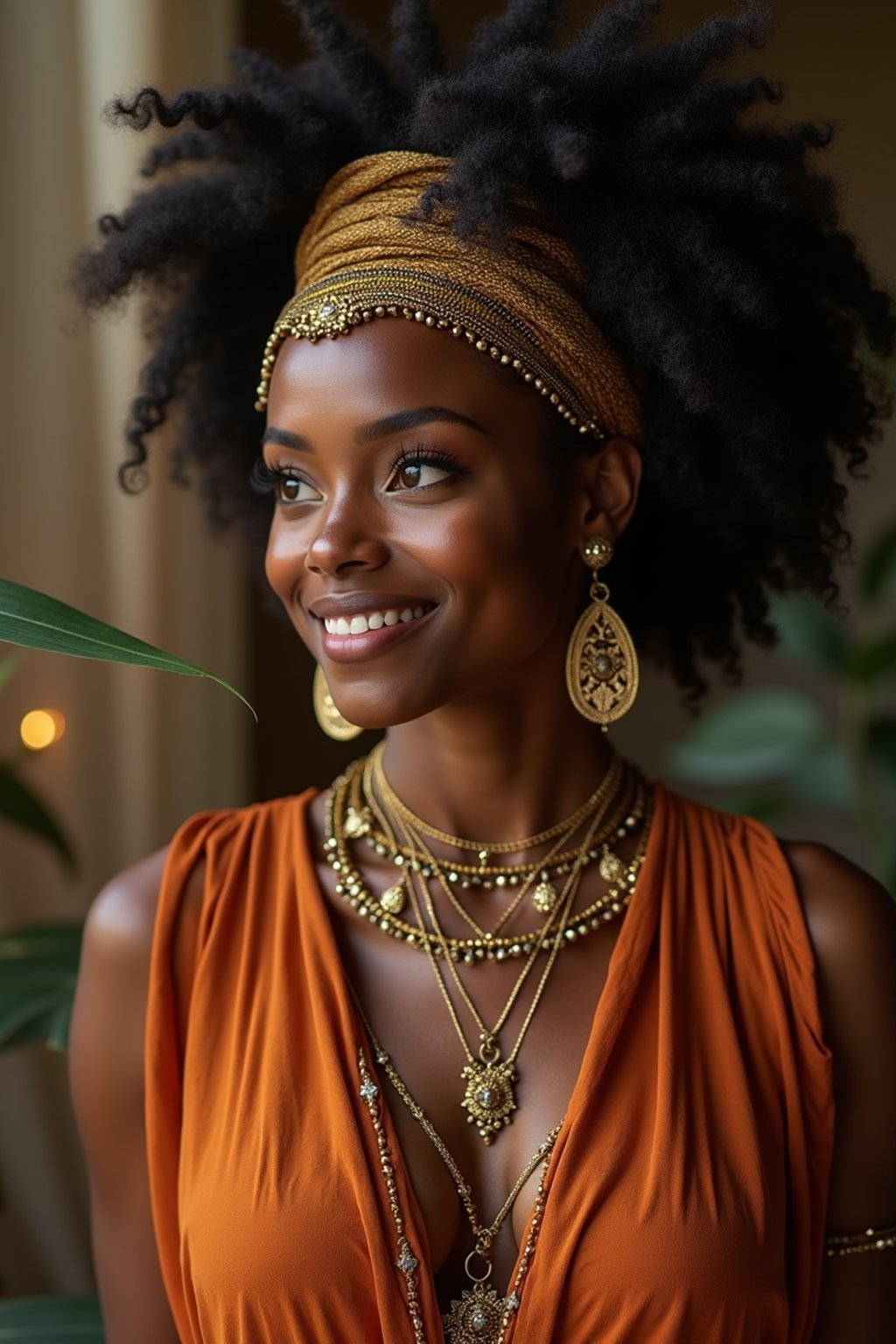 woman engaged in a sacred ritual or ceremony, adorned with symbolic attire