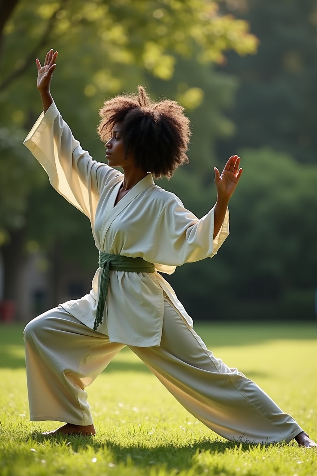 woman practicing Tai Chi in a serene garden