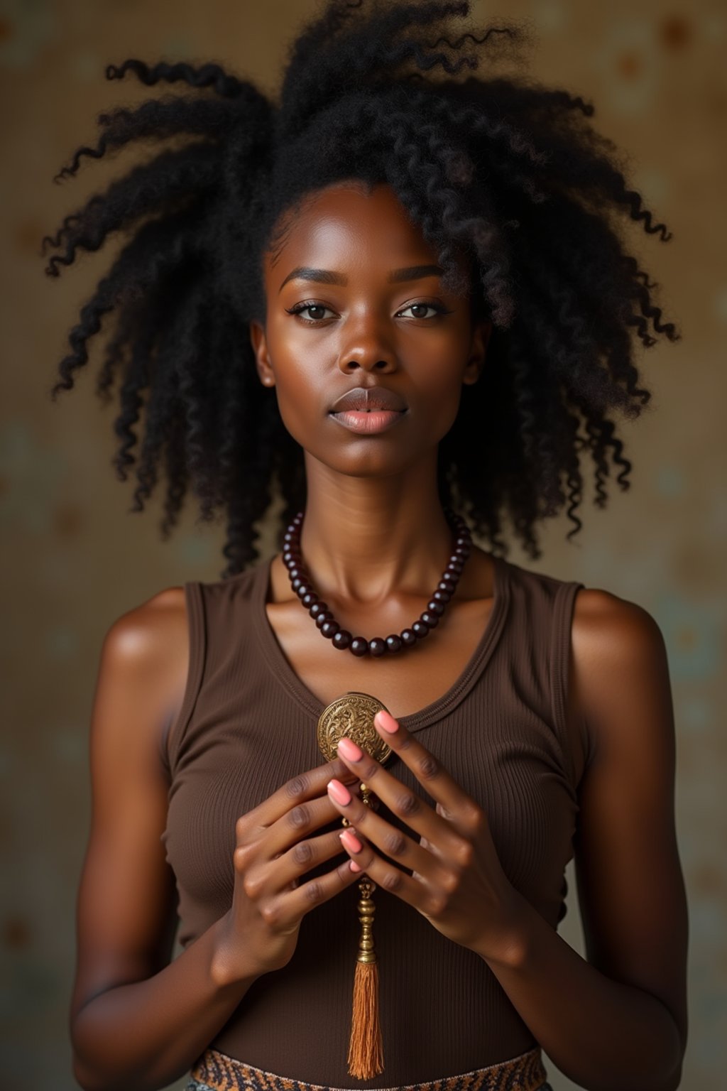 woman holding prayer beads or a sacred object,