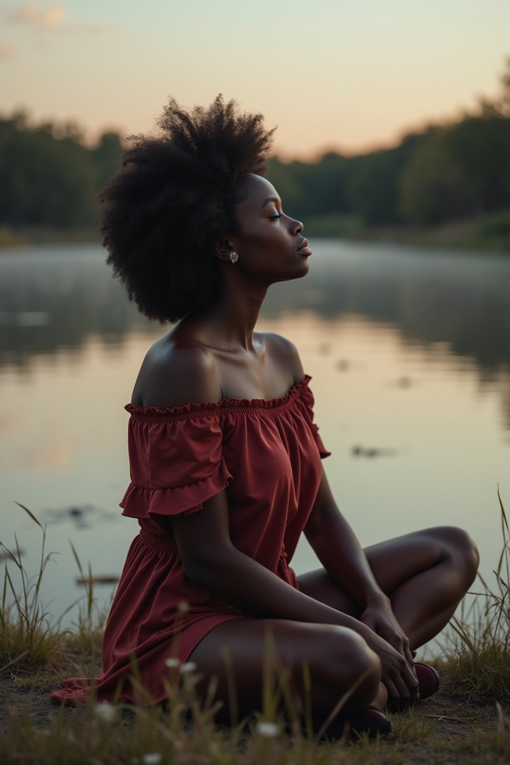 woman in deep contemplation, sitting by a tranquil lake