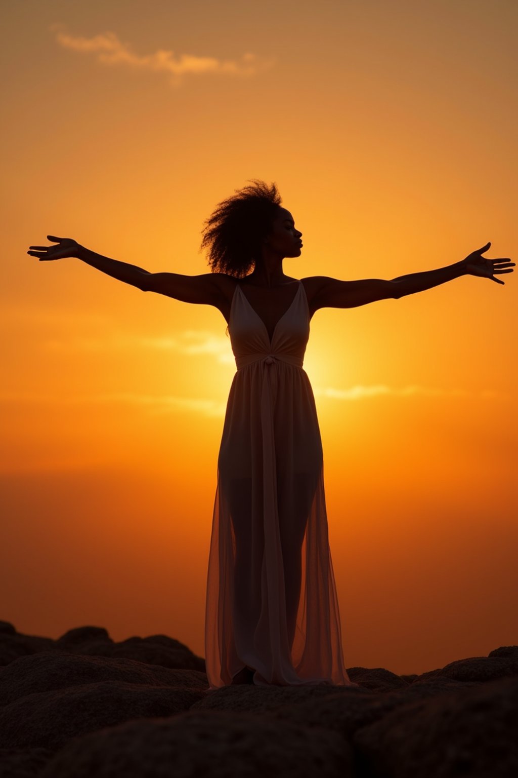 a spiritual seeker woman standing with outstretched armsat sunrise