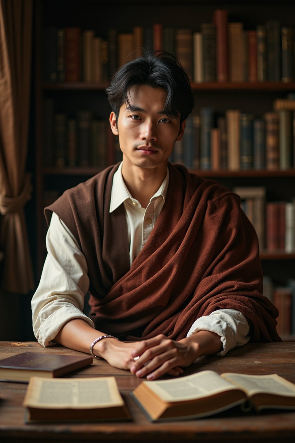 man surrounded by books or sacred texts