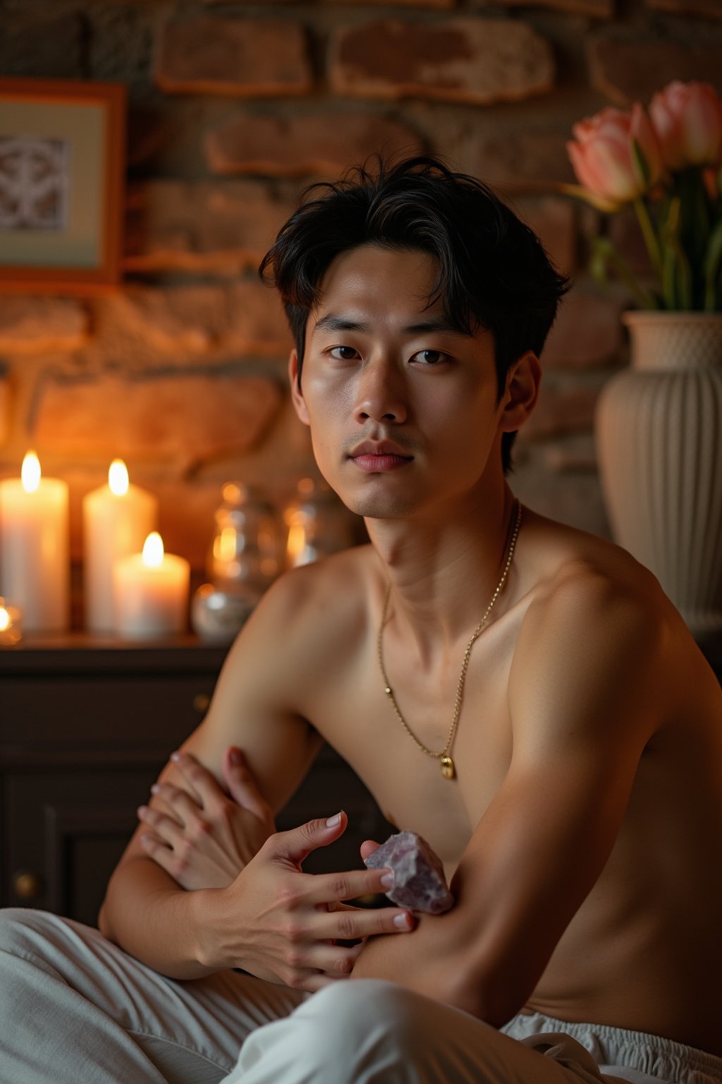 man in a serene indoor space, surrounded by candles, crystals, and sacred symbols