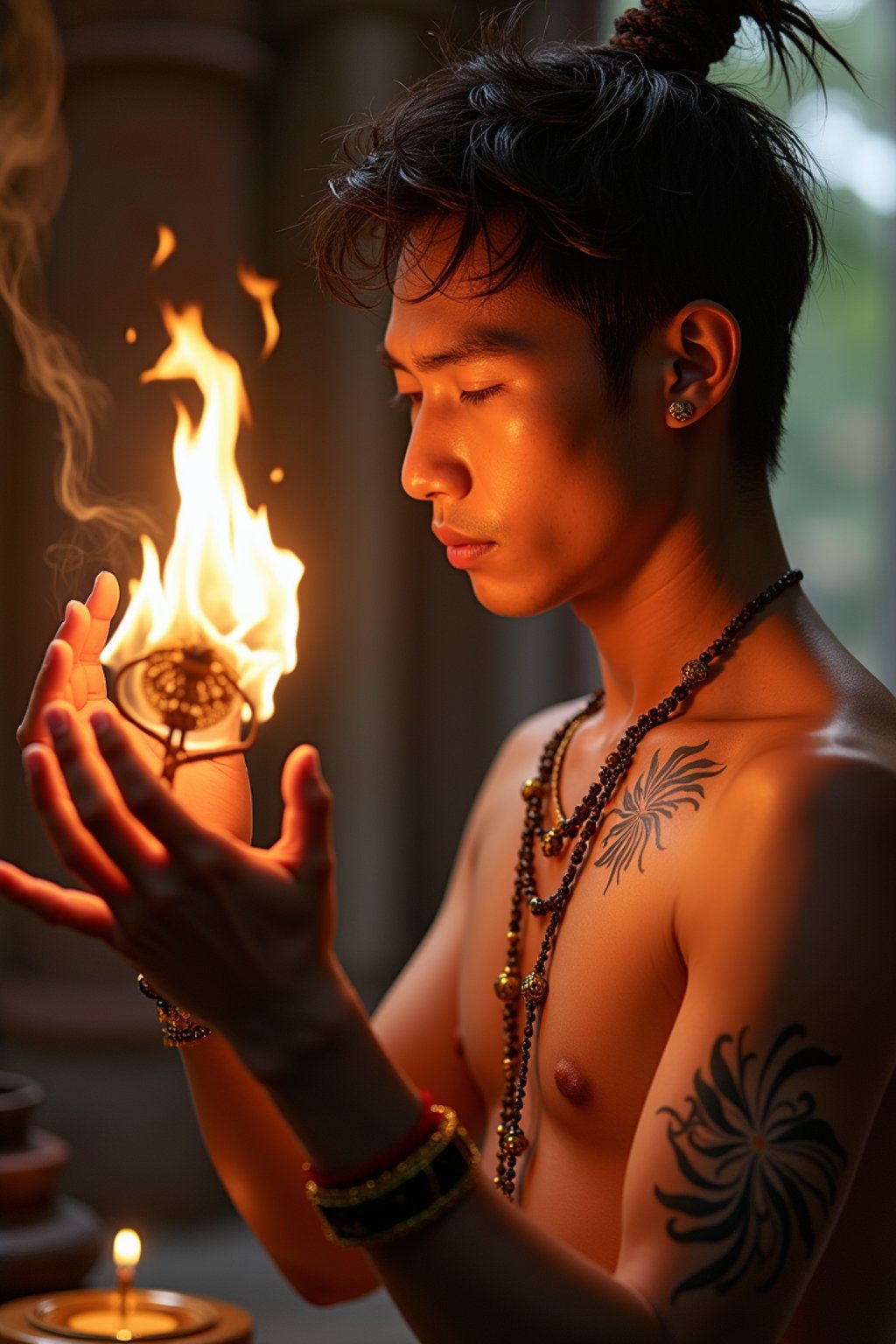 man engaged in a sacred ritual or ceremony, adorned with symbolic attire