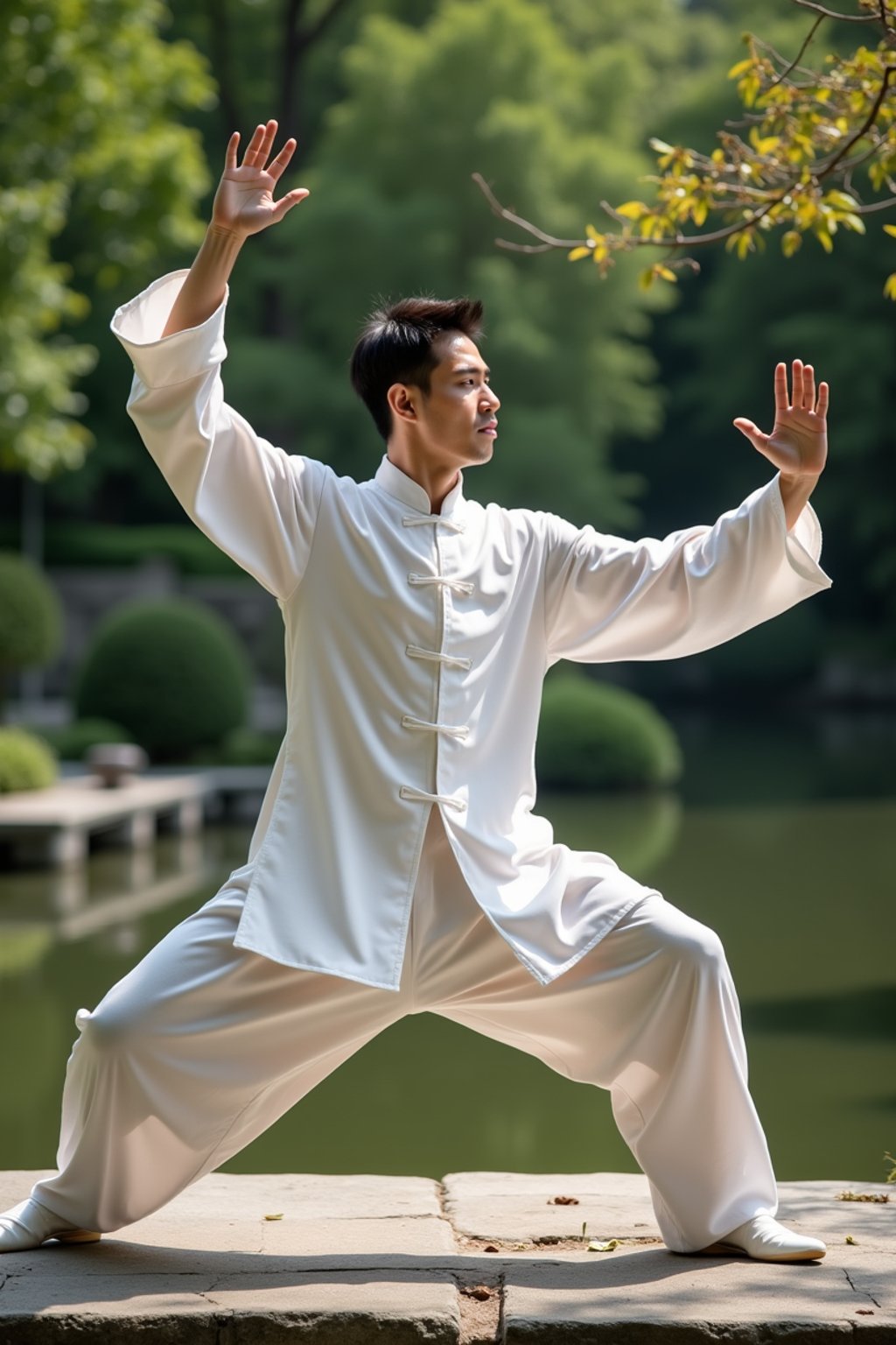 man practicing Tai Chi in a serene garden