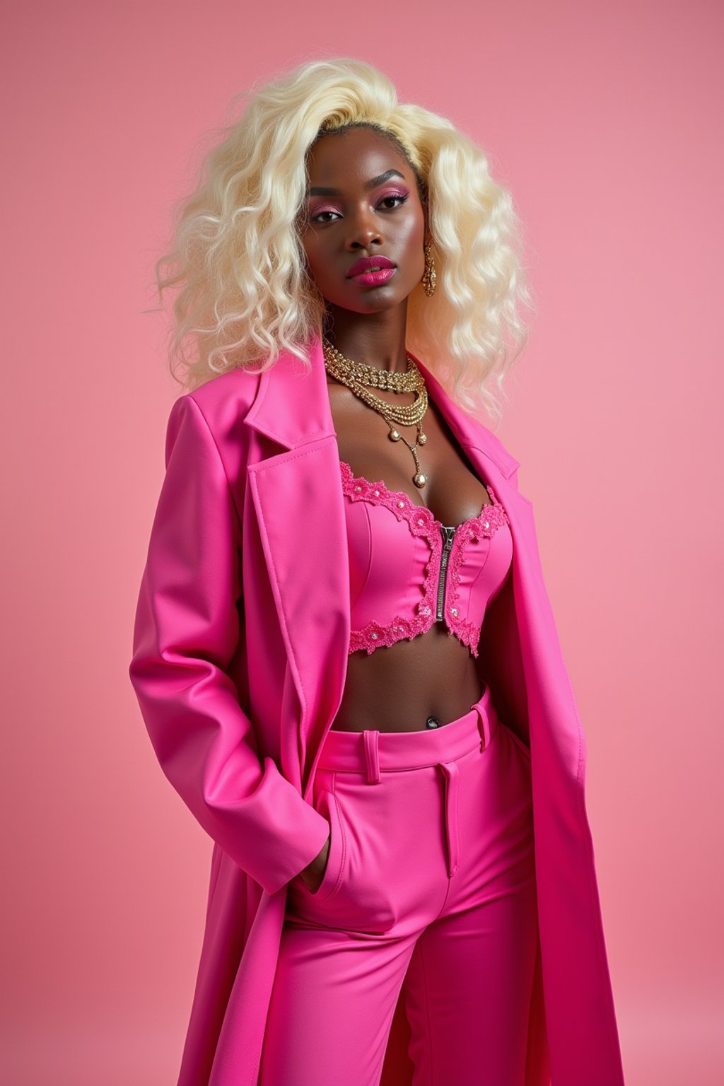 full body shot of sexy woman dressed up in full hot pink with Barbie clothes platinum blonde hair, hot pink style