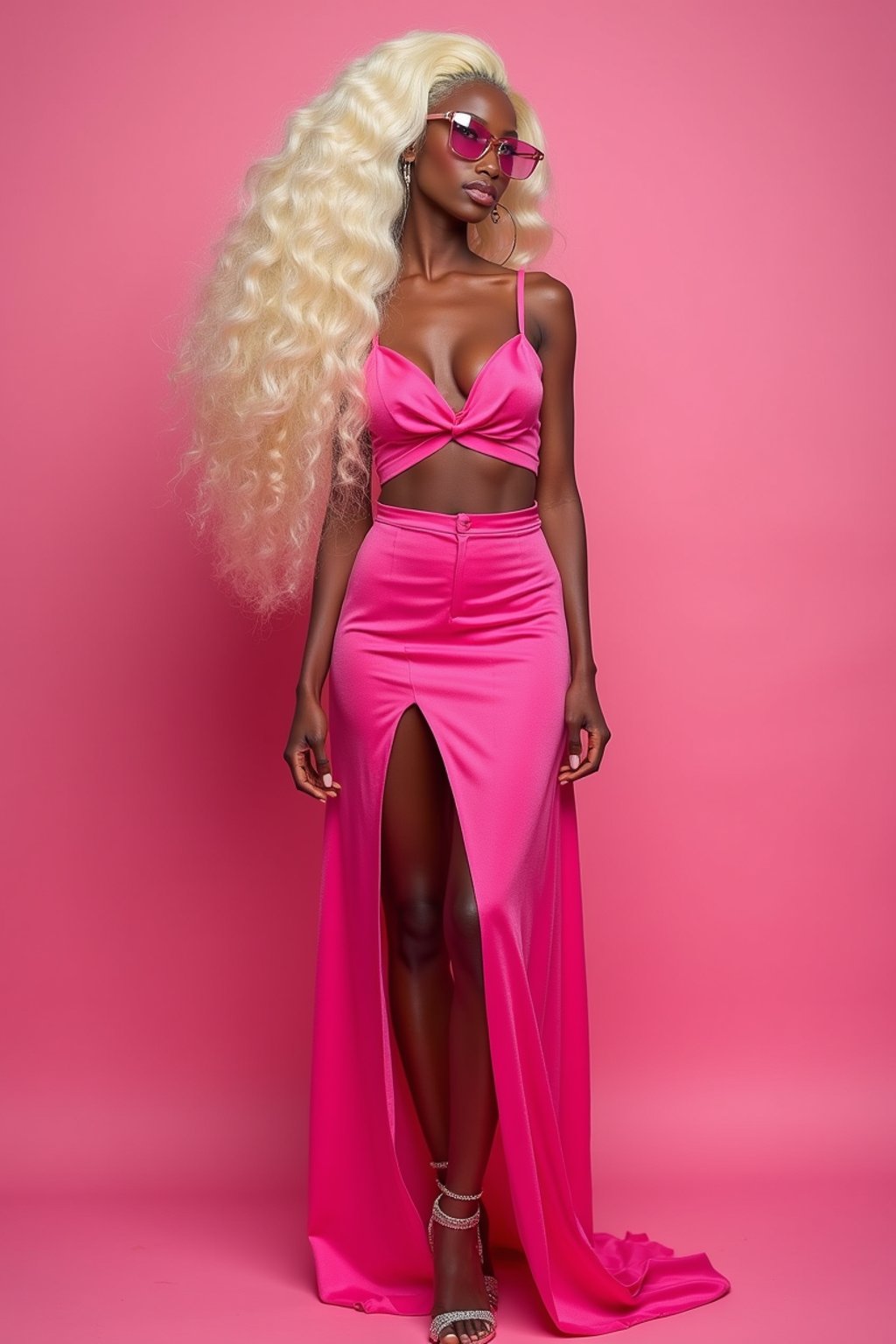 full body shot of sexy woman dressed up in full hot pink with Barbie clothes platinum blonde hair, hot pink style