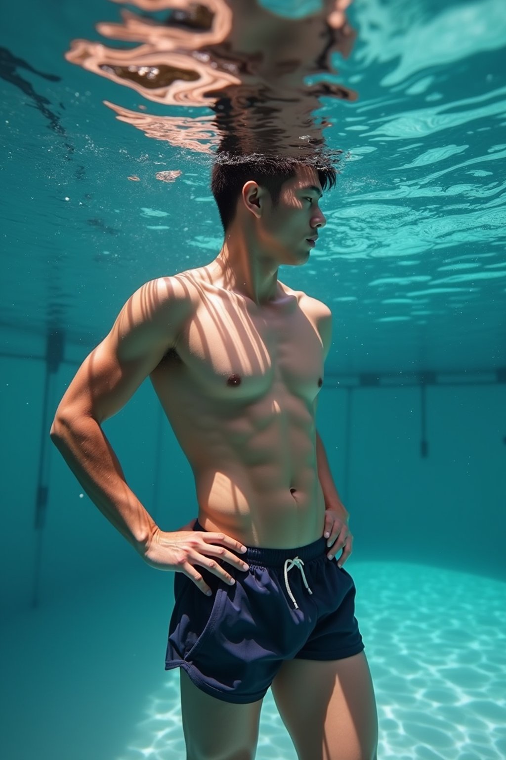 man in  swim shorts underwater, showcasing athletic ability