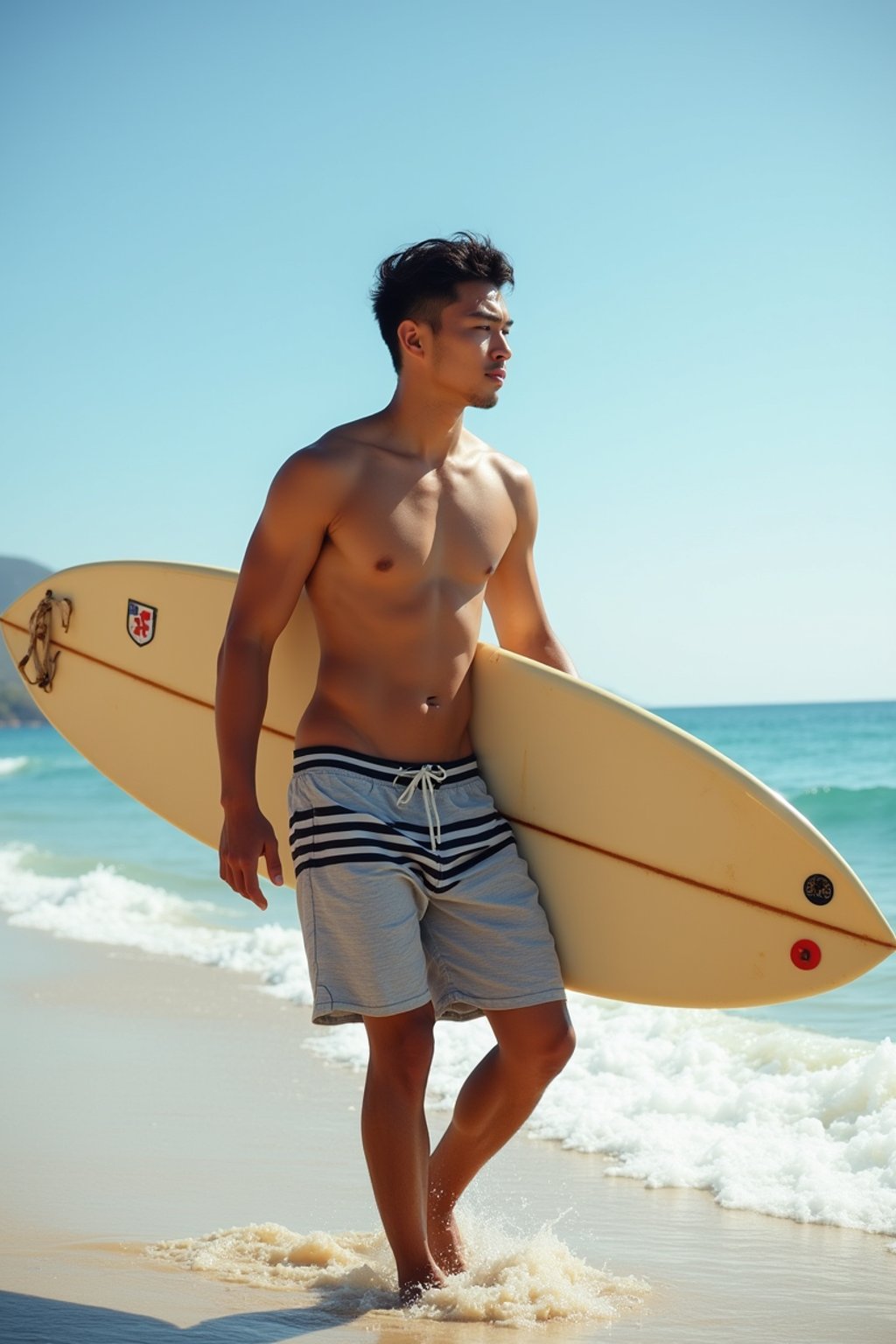 man in  board shorts with surfboard on the beach, ready to ride the waves