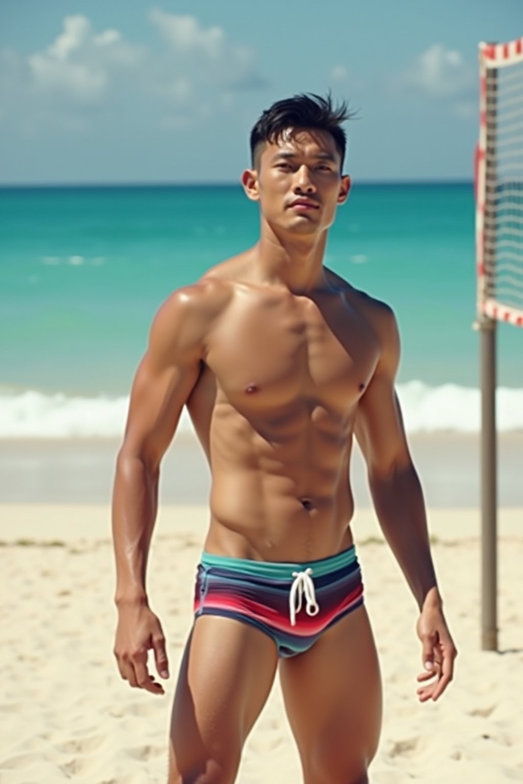 man in  swim trunks on a beach volleyball court, ready to serve