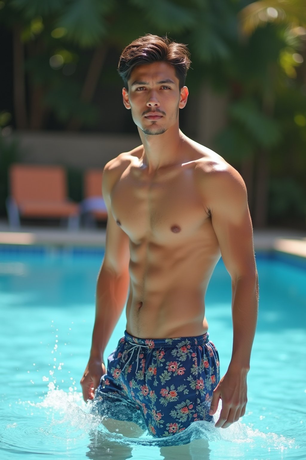 man in  swim shorts by the poolside, making a splash