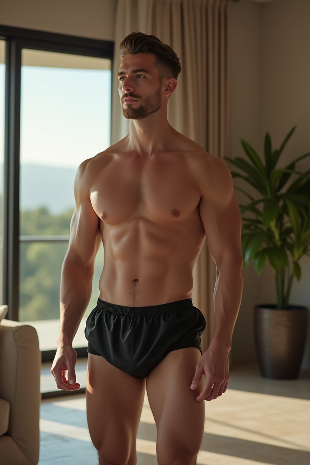 a medium portrait of a man wearing  black silk swim shorts in luxury villa living room, instagram photo,  fit body futuristic bikini