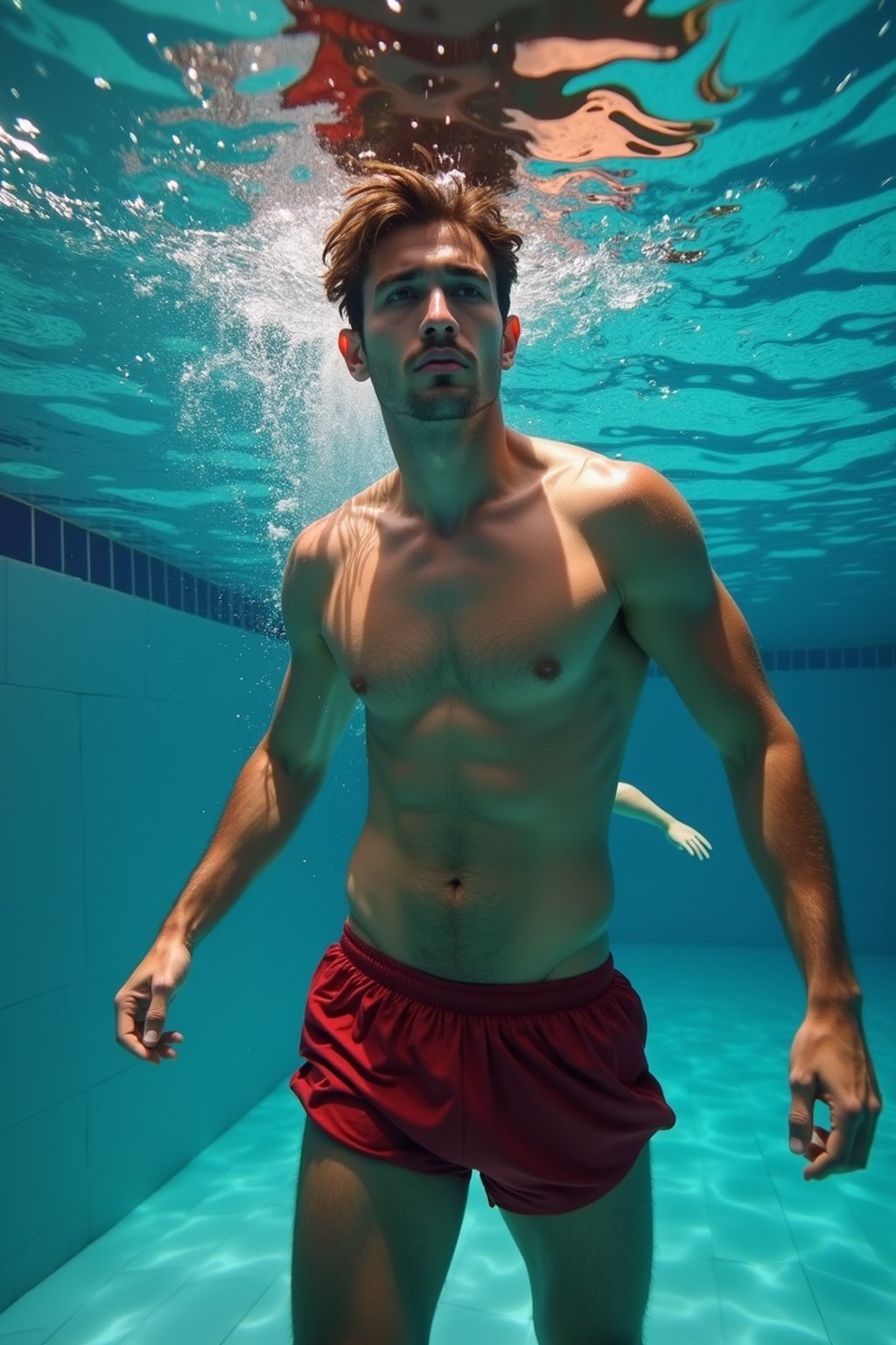 man in  swim shorts underwater, showcasing athletic ability