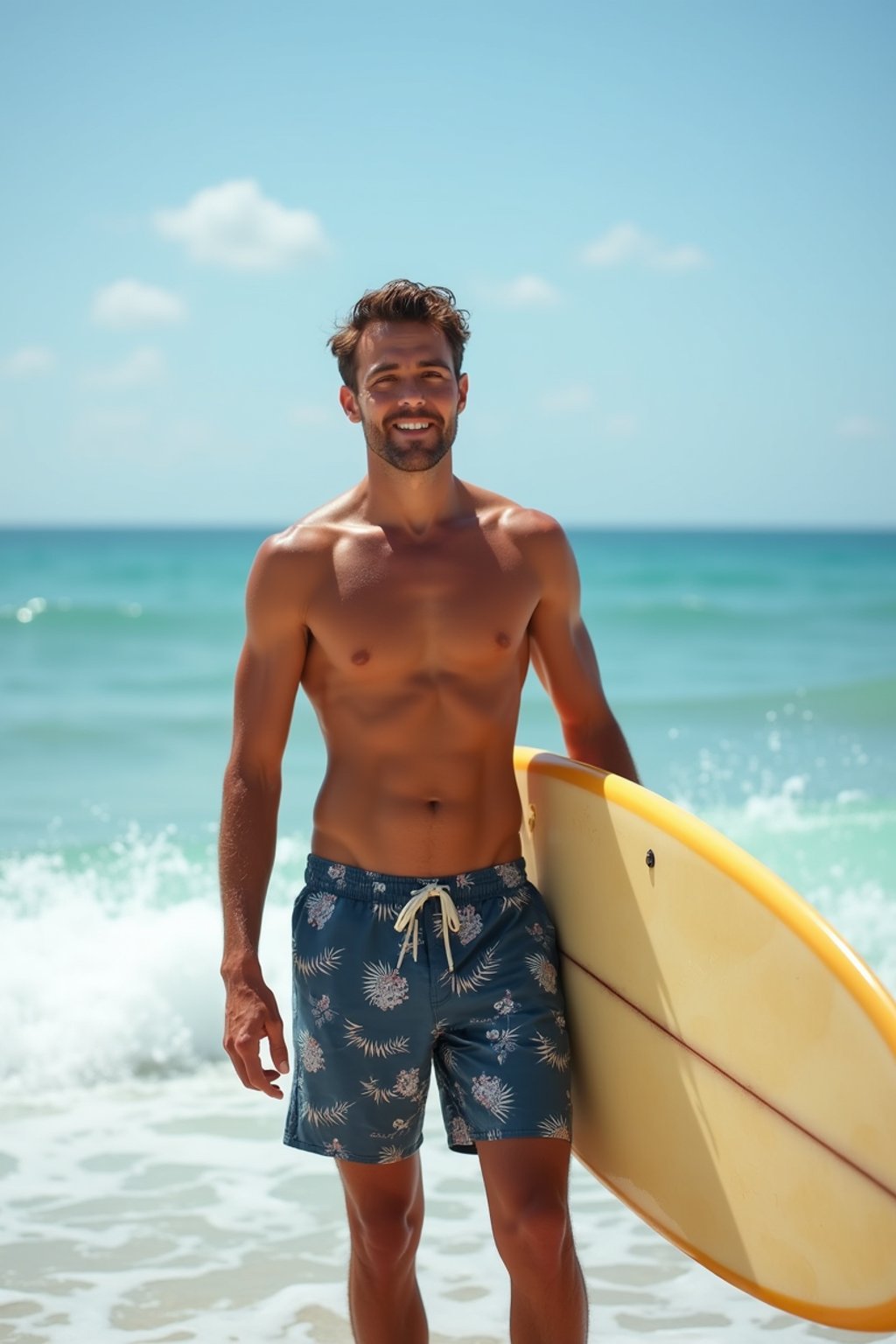 man in  board shorts with surfboard on the beach, ready to ride the waves