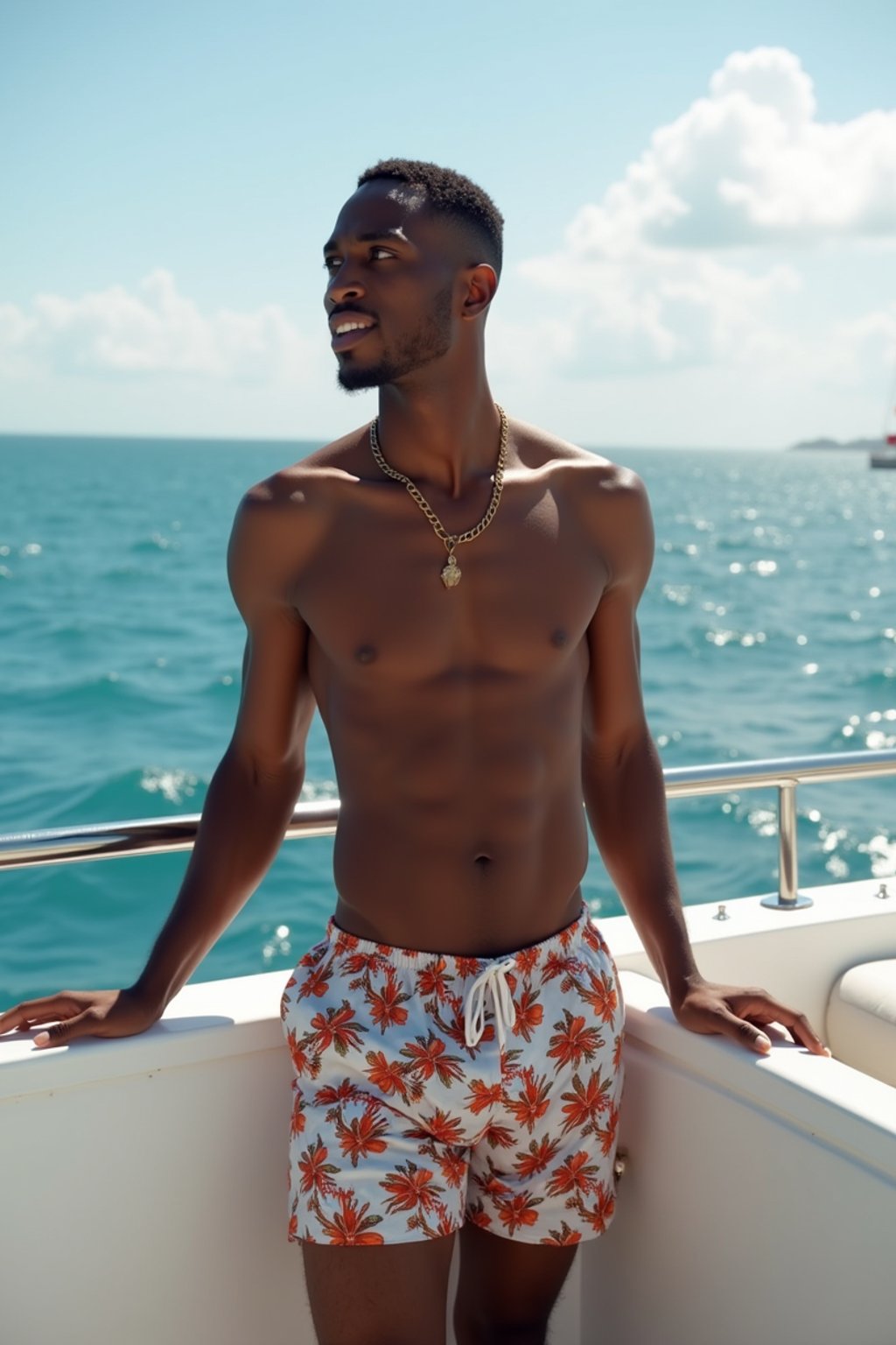 man in  swim shorts on a yacht, enjoying the sun and sea