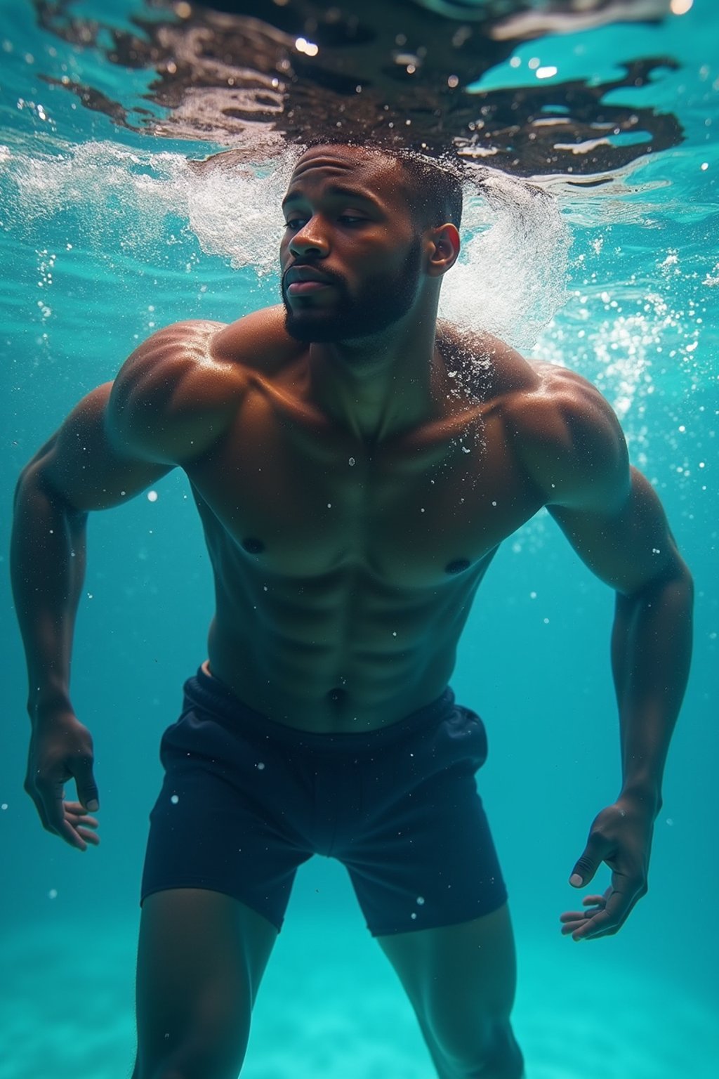 man in  swim shorts underwater, showcasing athletic ability