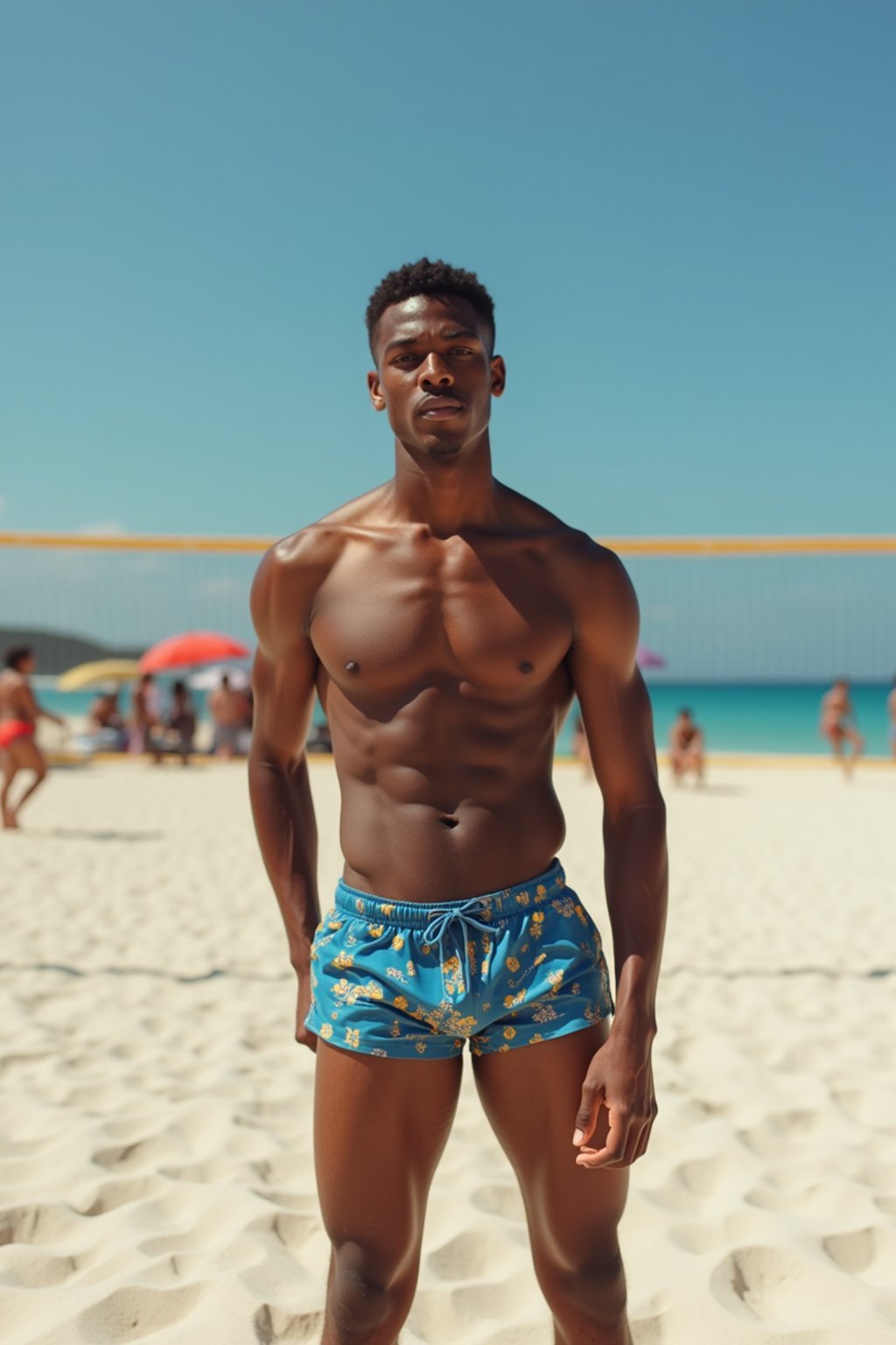 man in  swim trunks on a beach volleyball court, ready to serve