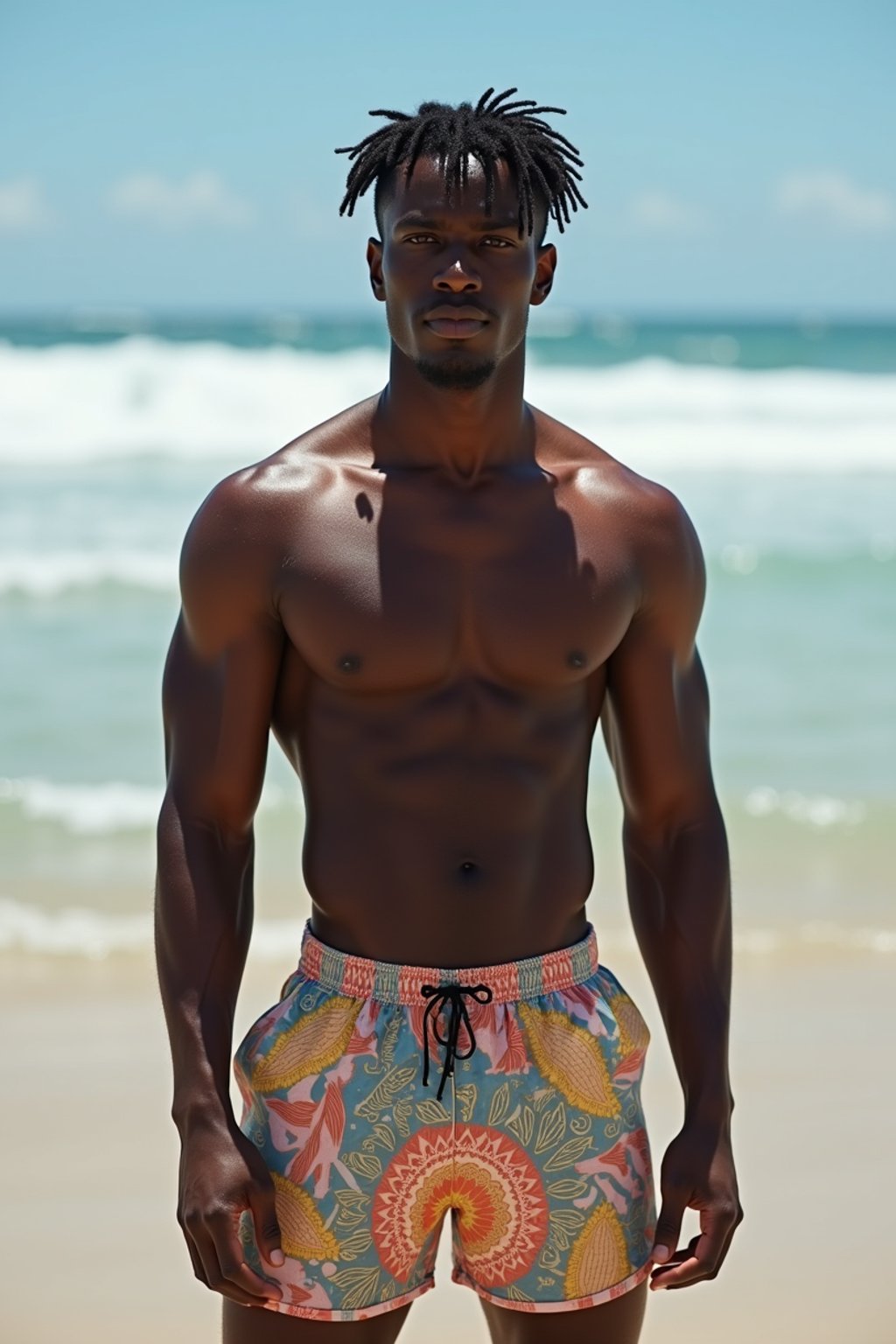 man in  swim shorts on the beach, wet hair,   men's health fitness magazine photos