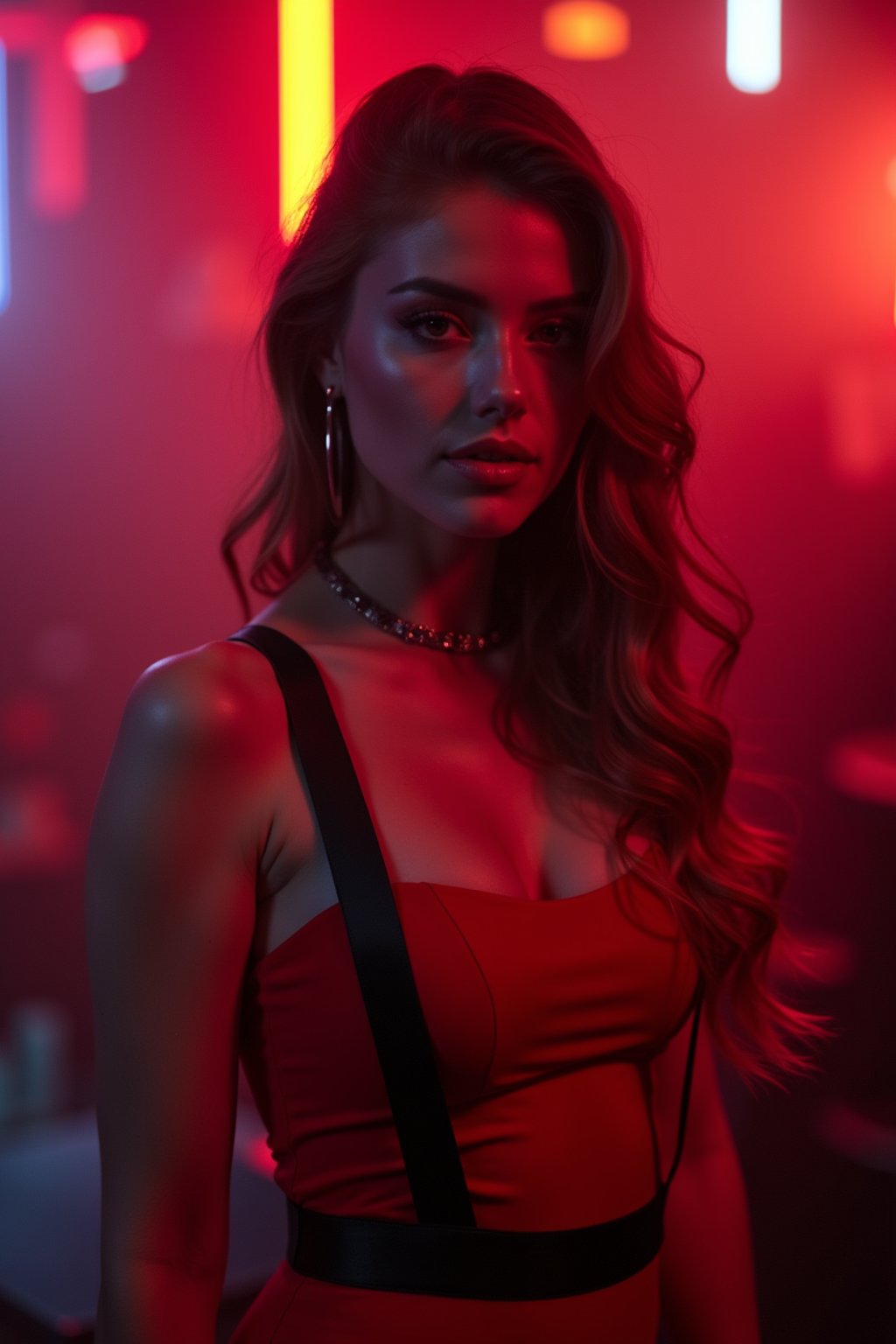 woman wearing (red bodycon dress) with (black suspenders garters)  in night club neon lights