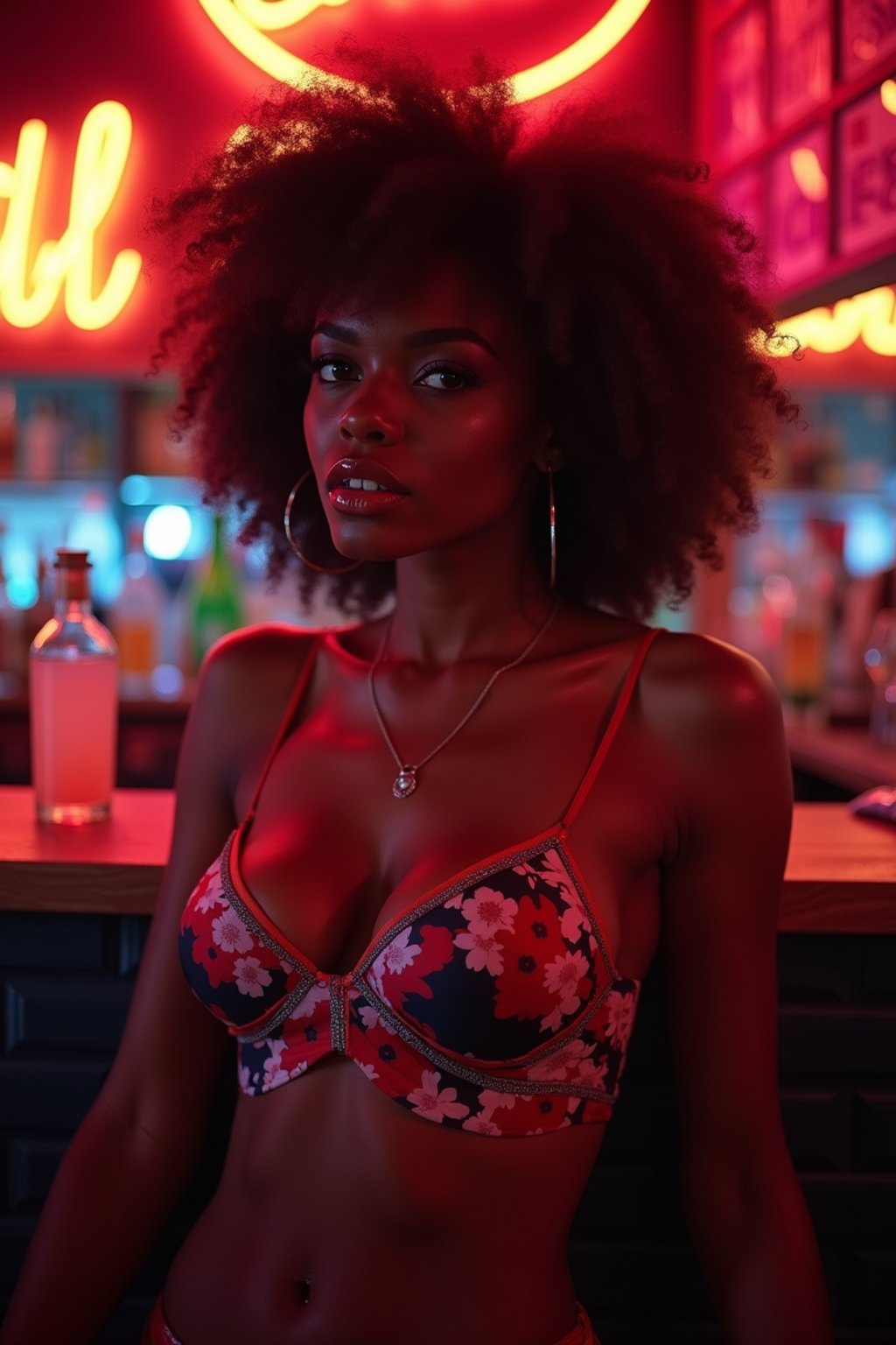 woman with hourglass figure,  in floral silk lingerie  at cocktail bar with neon lights