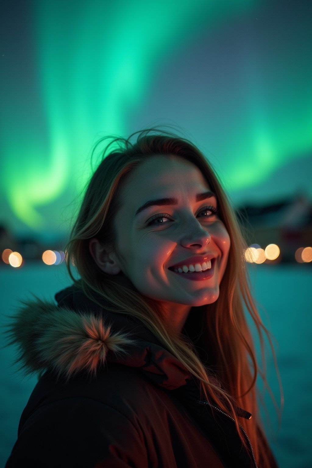 woman as digital nomad in Reykjavik with the Northern Lights in the background