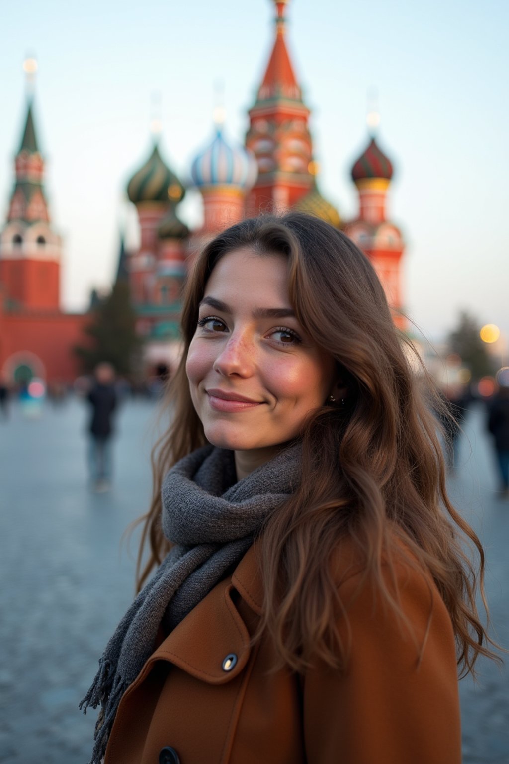 woman as digital nomad in Moscow with the Kremlin in the background