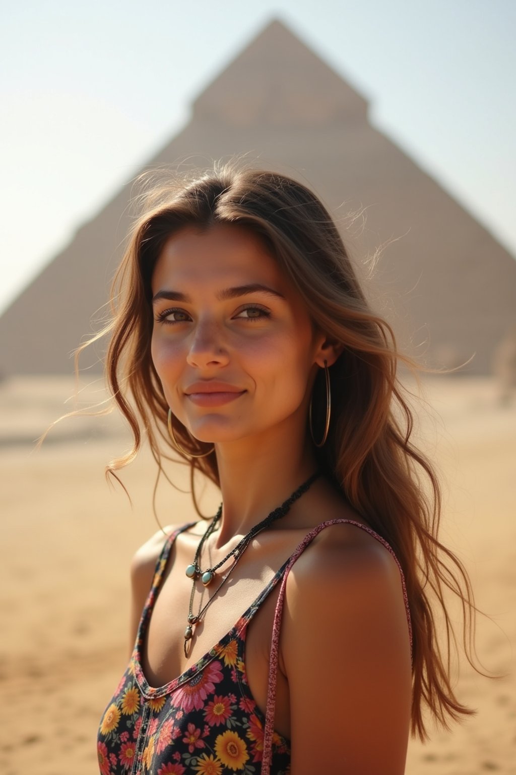 woman as digital nomad in Cairo with the Pyramids of Giza in the background